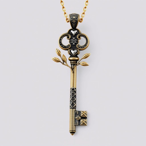 Old skeleton key shape gold and silver tones with olive branch turning on leg and keffieh print on the tip