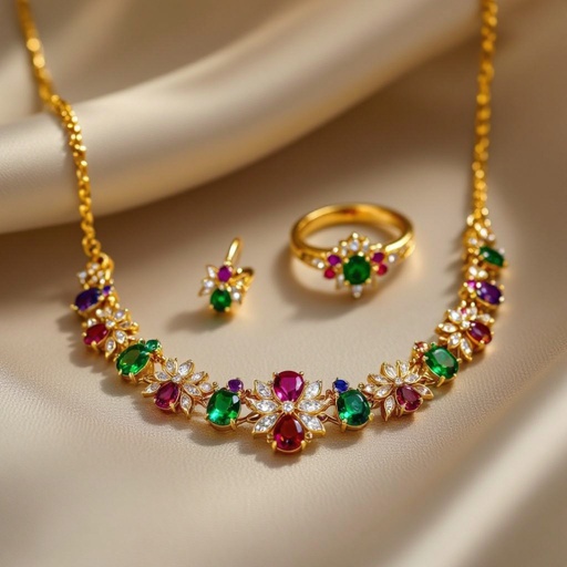Necklace and ring and earring with luxury colorful jewel with gold