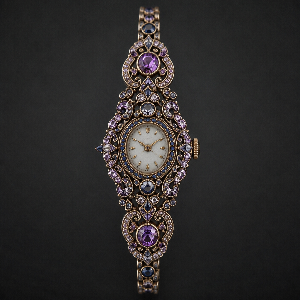 A vintage women's watch with amethyst and sapphire stones, highly ornate, intricate and elaborate, richly detailed
photorealistic jewelry design, A vintage women's watch with amethyst and sapphire stones, highly ornate, intricate and elaborate, richly detailed, vintage style, just the design no text