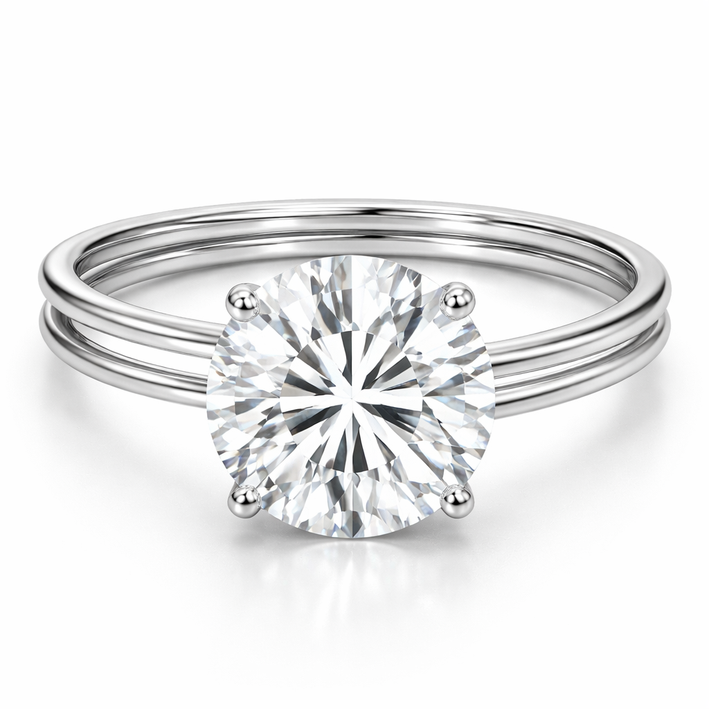 Engagement ring with a round brilliant 4 carat center stone with a thin platinum wrap around straight band that circles around the finger one and a half times without waves just straight circle up