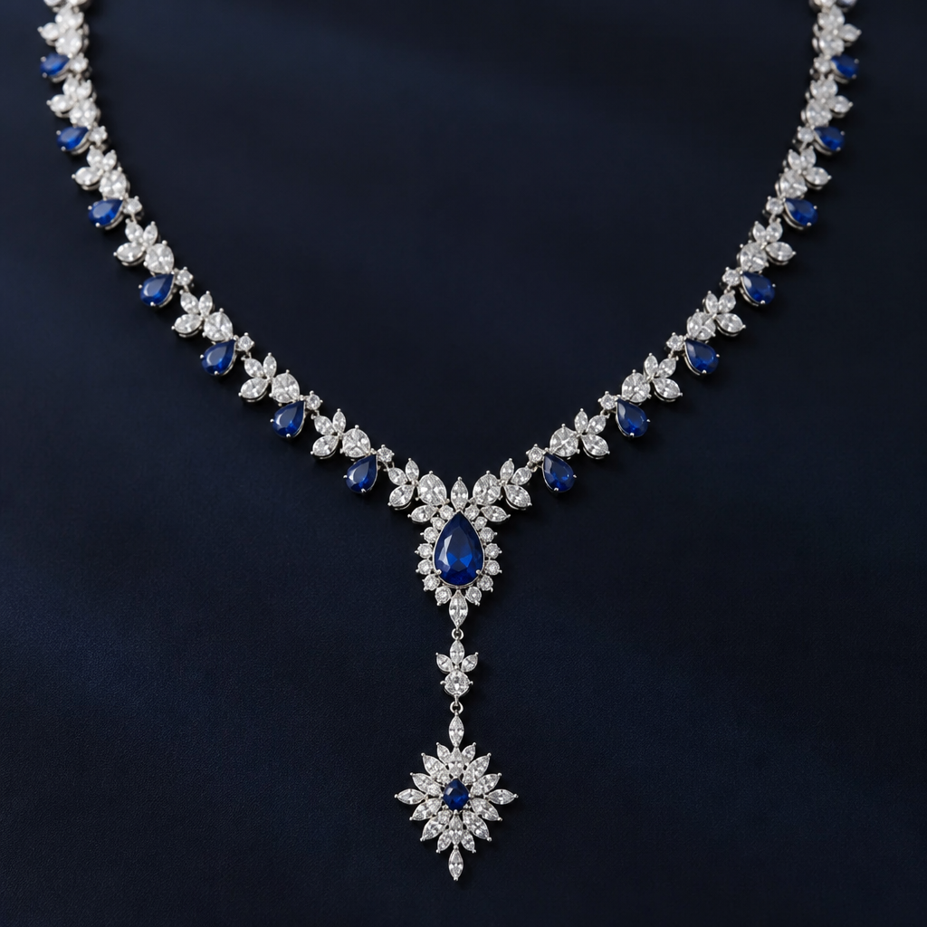 A luxury women's necklace made of white gold with sapphire stones suitable for engagement. a gajra with a blue sapphire in 💧 shape and at last there should be loose it should drop down with this ✨ shape
photorealistic jewelry design, A luxury women's necklace made of white gold with sapphire stones suitable for engagement. a gajra with a blue sapphire in 💧 shape and at last there should be loose it should drop down with this ✨ shape, luxury style, just the design no text