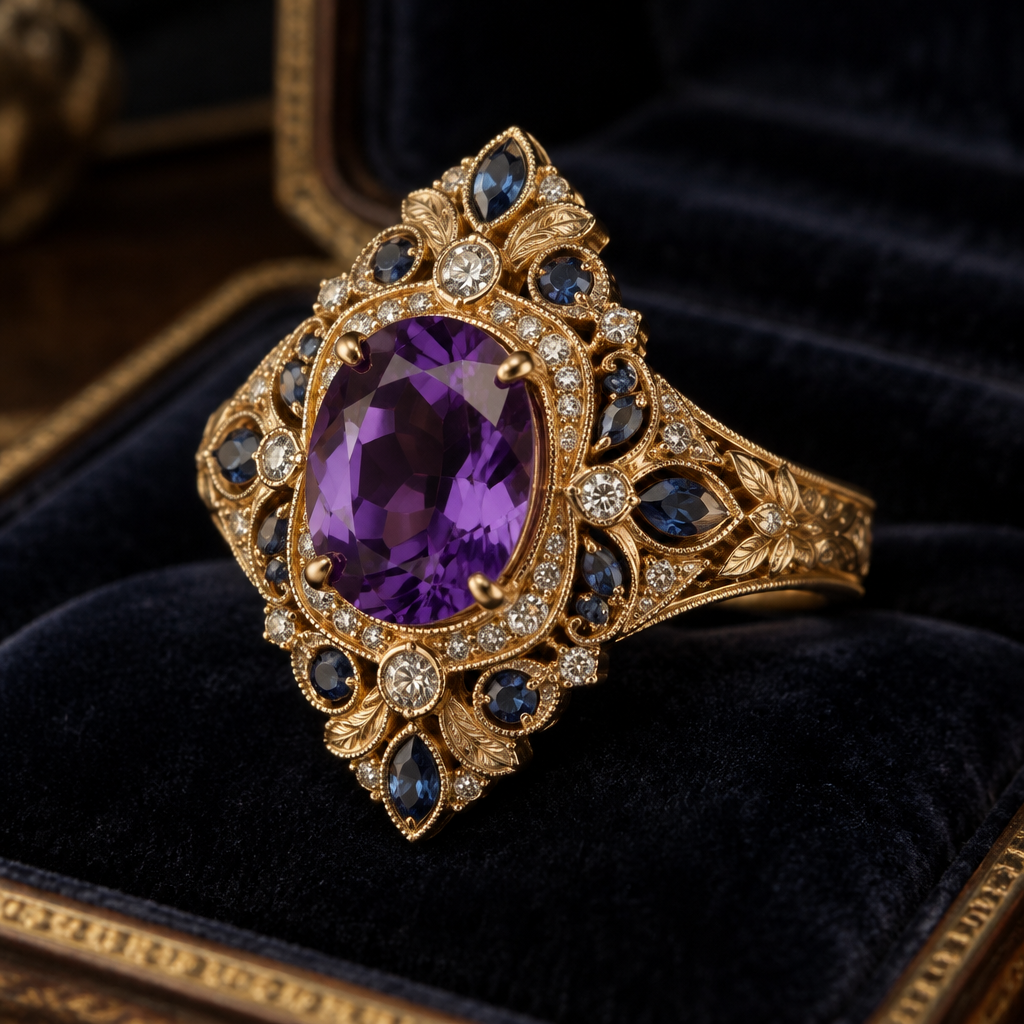 A vintage women's ring made of rose gold with diamond and aquamarine and amethyst stones suitable for daily wear, detailed and decorative, moderately ornate. Vintage Royal Amethyst, Sapphire & Diamond Jewelry
Design an exquisite vintage-inspired luxury jewel influenced by Edwardian and Art Deco high jewelry from the 1920s. Feature a large, deep violet amethyst as the central gemstone, surrounded by brilliant-cut diamonds and rich royal-blue sapphires arranged in an intricate, symmetrical pattern. Set the gemstones in polished yellow gold with delicate filigree, milgrain edges, fine engraved details, and elegant floral motifs. The design should feel regal, romantic, mysterious, and timeless, like a rare heirloom from an old European royal family. Intricate craftsmanship, realistic gemstones, luxurious antique aesthetic, refined proportions, photorealistic jewelry rendering, soft dramatic lighting, dark velvet background.
photorealistic jewelry design, A vintage women's ring made of rose gold with diamond and aquamarine and amethyst stones suitable for daily wear, detailed and decorative, moderately ornate. Vintage Royal Amethyst, Sapphire & Diamond Jewelry
Design an exquisite vintage-inspired luxury jewel influenced by Edwardian and Art Deco high jewelry from the 1920s. Feature a large, deep violet amethyst as the central gemstone, surrounded by brilliant-cut diamonds and rich royal-blue sapphires arranged in an intricate, symmetrical pattern. Set the gemstones in polished yellow gold with delicate filigree, milgrain edges, fine engraved details, and elegant floral motifs. The design should feel regal, romantic, mysterious, and timeless, like a rare heirloom from an old European royal family. Intricate craftsmanship, realistic gemstones, luxurious antique aesthetic, refined proportions, photorealistic jewelry rendering, soft dramatic lighting, dark velvet background., vintage style, just the design no text