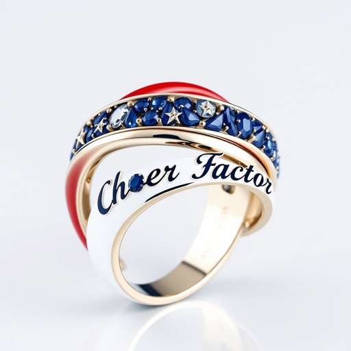Red white and blue medal ring that says cheer factor