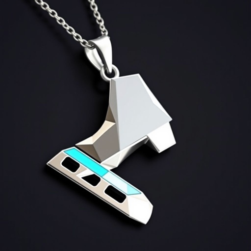 Silver Pendant shape one ice skate with turquoise stripe inside the low thin part blade