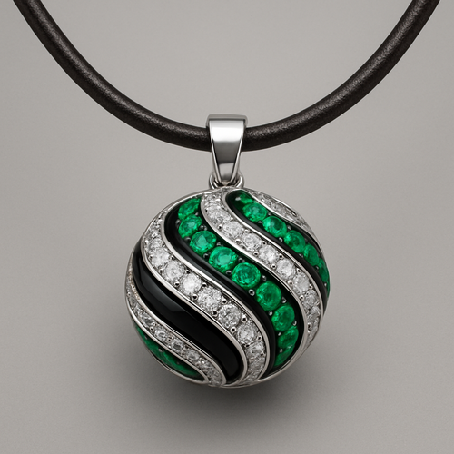 a necklace on leather strap with 3d ball that has a swirl of slices  emerald black and diamonds white gold setting