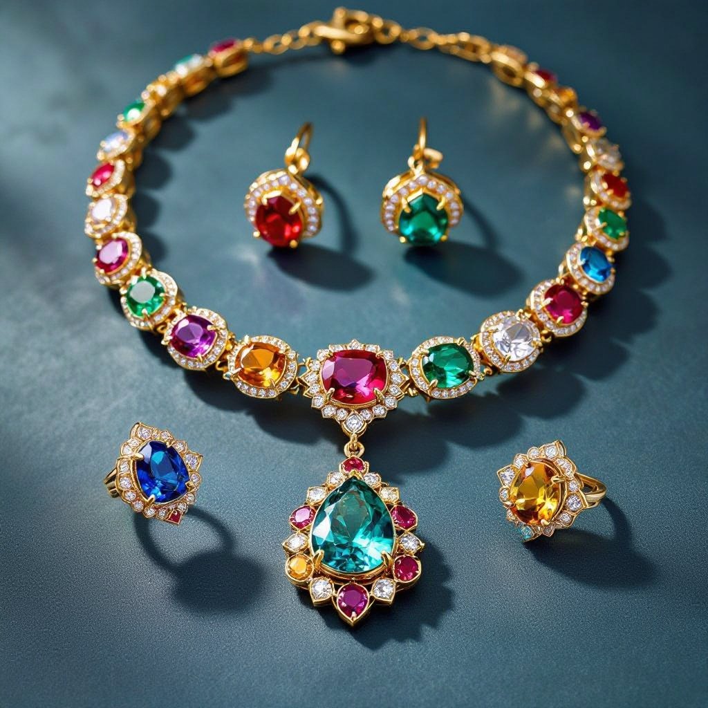 Necklace and ring and earring with colorful jewel with gold