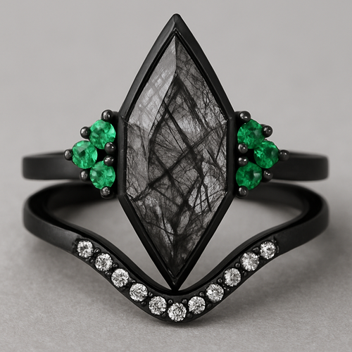 Black band, long kite cut rutilated black quartz, emerald accent stones 3 on each side in a cluster, add a wedding band that curves around the main stone with black and white stones