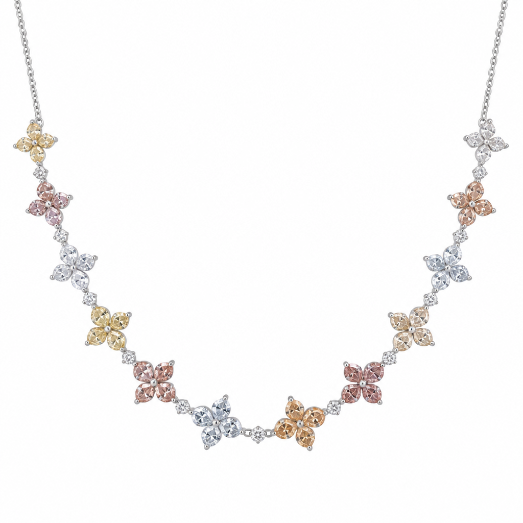 Diamond shaped pendant and van cleef flower pendant pattern type but it to be a diamond necklace please i want it to be diamond flower like a pattern but make the diamond coloured
photorealistic jewelry design, Diamond shaped pendant and van cleef flower pendant pattern type but it to be a diamond necklace please i want it to be diamond flower like a pattern but make the diamond coloured , just the design no text