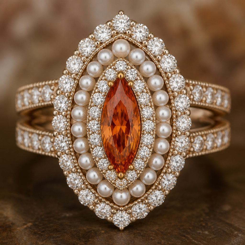 Almond translucent burnt orange diamond inside an oval shaped double band with white diamonds and pearls surrounding the almond diamond.
photorealistic jewelry design, Almond translucent burnt orange diamond inside an oval shaped double band with white diamonds and pearls surrounding the almond diamond. , royal style, just the design no text