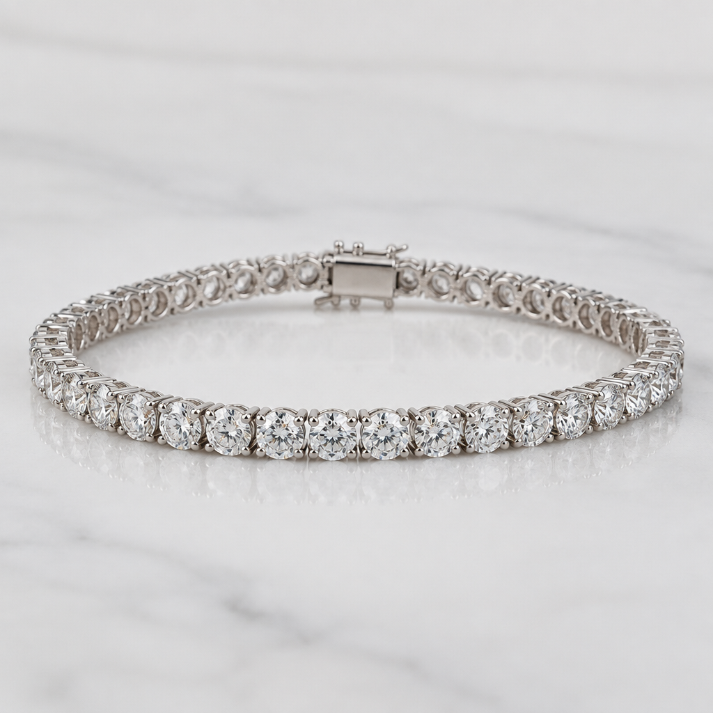 A tennis women's bracelet made of white gold with diamond stones suitable for engagement
photorealistic jewelry design, A tennis women's bracelet made of white gold with diamond stones suitable for engagement, tennis style, just the design no text