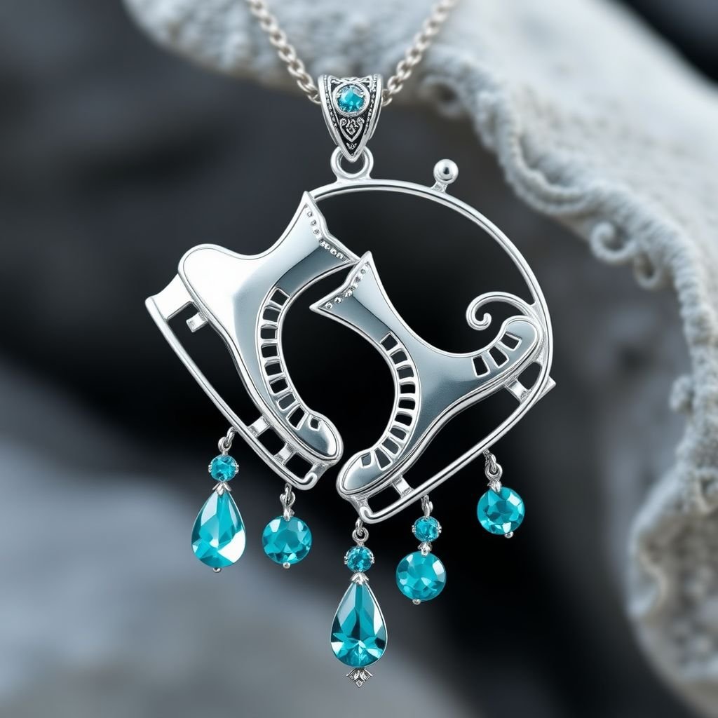 Silver pendant in the shape of turquoise figure skating blades without boots