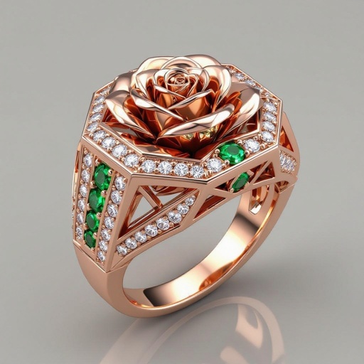 Creat a Ring Geomatricw lion of architecture shape and edge of diamonds and emerlad of rose gold 