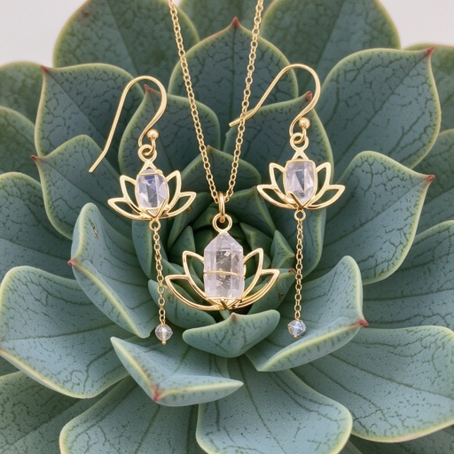 Серьги золото изящный маленький плоский лотос с необработанным маленьким хрусталем в центре, от лотоса идет золотая цепочка вниз с еще одним маленьким камушком хрусталя