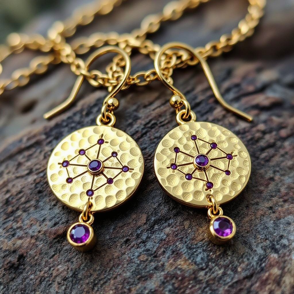 Серьги длинные на цепочках матовое золото мятое. Символ схематично созвездие. Маленькие фиолетовые камушки
