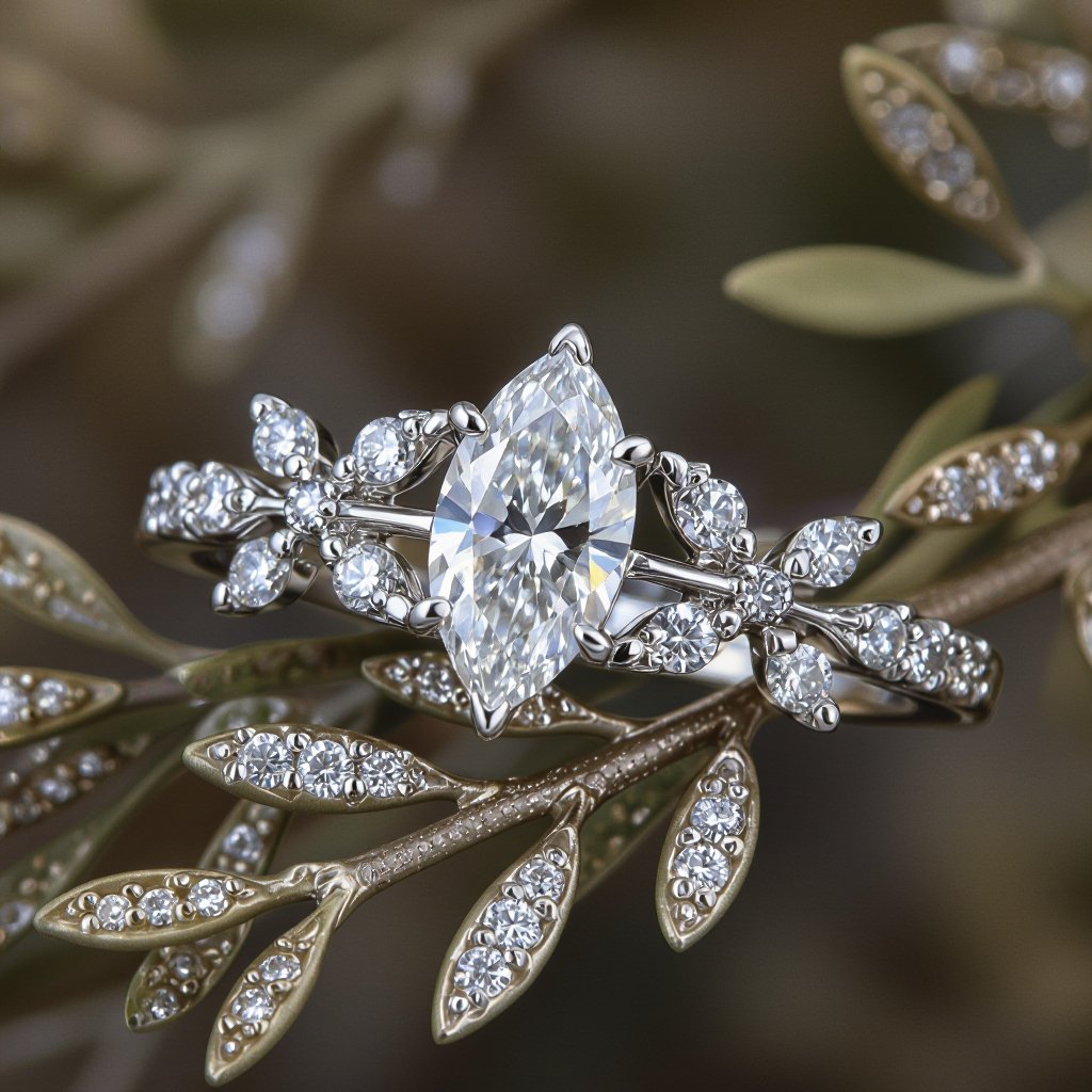 marquise diamond with the whole band in shape of silver Olive branch.