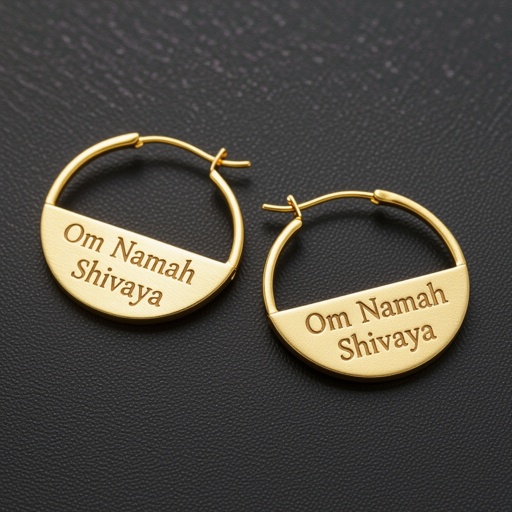 Золотые матовые серьги полукруг. На полукруге надпись изящным шрифтом om namah shivaya