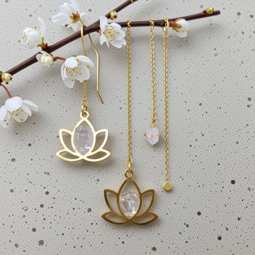 Серьги золото изящный маленький плоский лотос с необработанным маленьким хрусталем в центре, от лотоса идет золотая цепочка вниз с еще одним маленьким камушком хрусталя