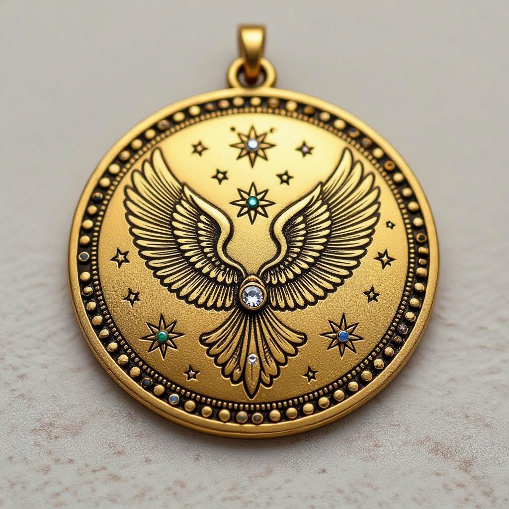 Золотой матовый медальон в форме неровного круга с неровными краями. По краям выпуклые точки сплошной линией. На круге выгравирован ангел без фигуры, видно только крылья и вокруг здездочки и разные узоры и украшен миниатюрными камнями