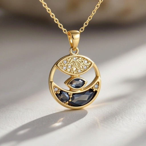 Подвеска из трех полумесяцев с узорами и камнями раухтопаза из матового неровного светлого золота с узорами соединенных цепочкой сверху самый широкий полукруг дальше средний и снизу самый маленький