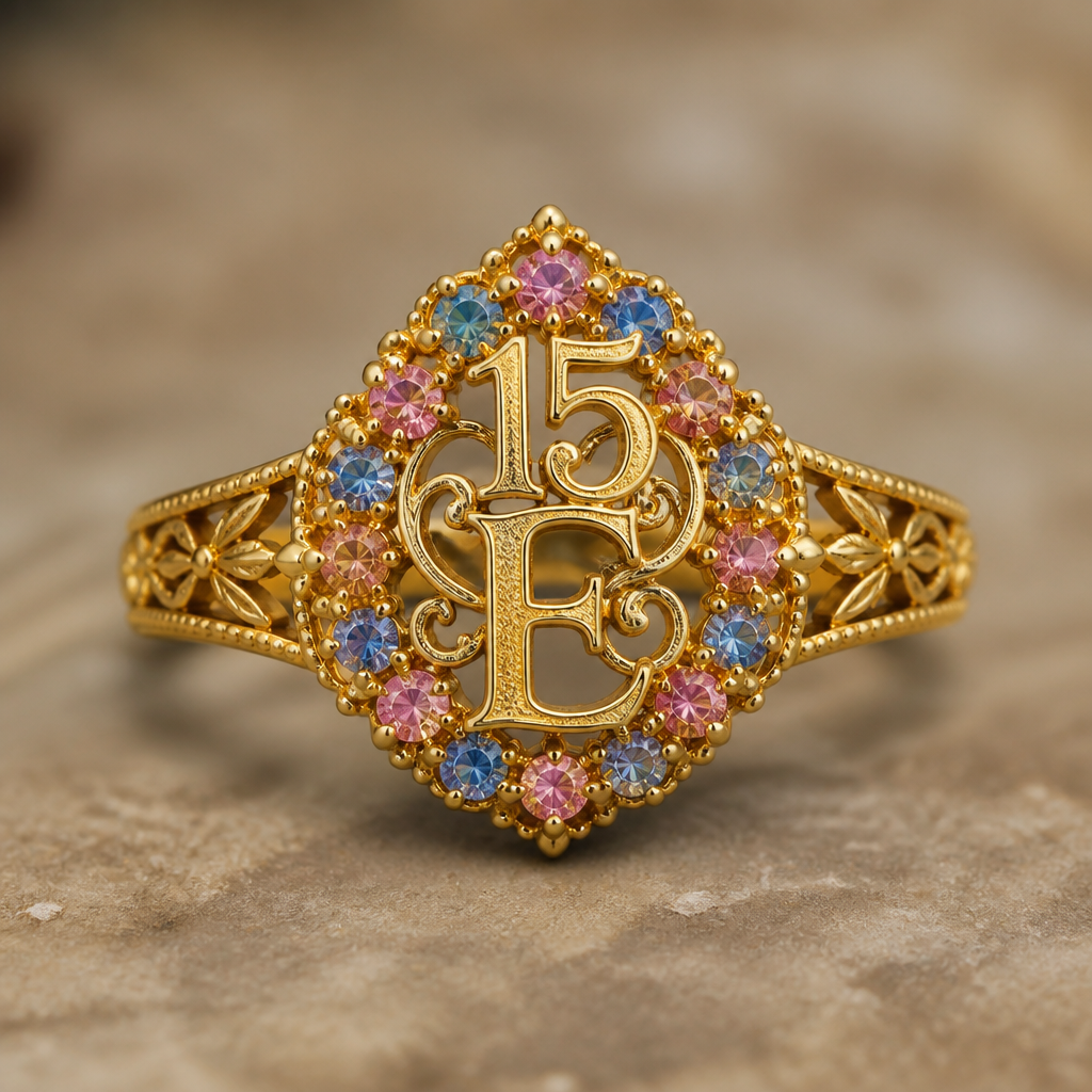 A bohemian women's ring made of gold, detailed and decorative, moderately ornate. um anel de 15 anos com inicial E com pedrinhas azul e pedrinhas rosa em volta
photorealistic jewelry design, A bohemian women's ring made of gold, detailed and decorative, moderately ornate. um anel de 15 anos com inicial E com pedrinhas azul e pedrinhas rosa em volta, bohemian style, just the design no text