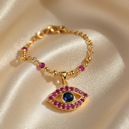 Тонкая цепочка с золотыми шариками и мелкими розовыми камушками на цепочке есть кулон в форме глаза, зрачок глаза из темно синего камня 