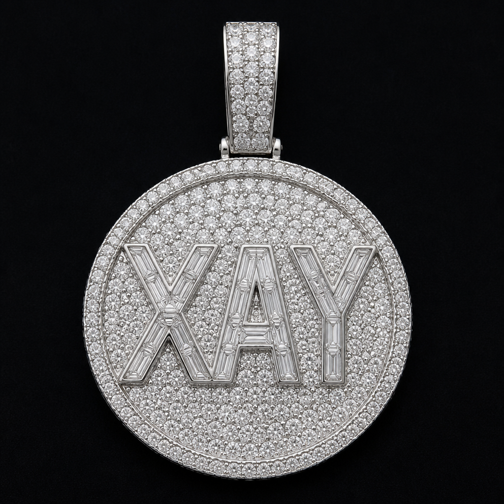 full big circle pendent fully iced out with vvs1 diamonds inside of that circle i want the initials XAY made with baguettes vvs1 diamond
photorealistic jewelry design, full big circle pendent fully iced out with vvs1 diamonds inside of that circle i want the initials XAY made with baguettes vvs1 diamond , diamond style, just the design no text
