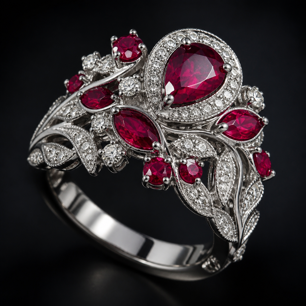 A women's ring made of white gold with ruby and diamond stones, highly ornate, intricate and elaborate, richly detailed. create a nature inspired anniversary ring
photorealistic jewelry design, A women's ring made of white gold with ruby and diamond stones, highly ornate, intricate and elaborate, richly detailed. create a nature inspired anniversary ring, modern style, just the design no text