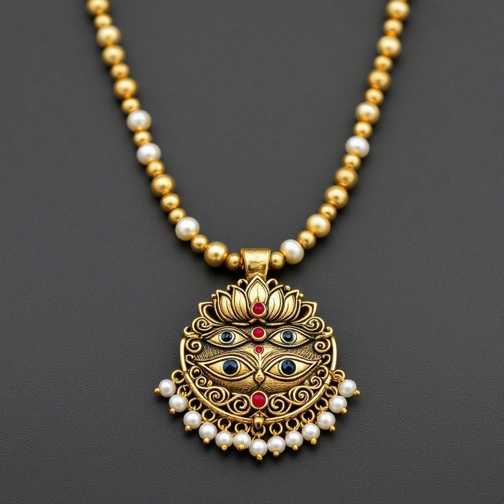 Кулон на длинной цепочке. Матовое светлое золото. В цепочке небольшие золотые шарики и жемчуг. Кулон в виде двух глаз над ними лотос с маленьким красным камнем внутри узоры завитушки 