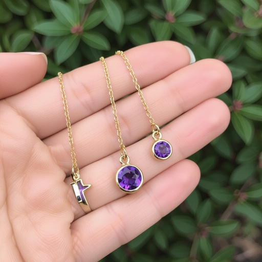 Серьги на длинных цепочках матовое золото мятое. Символ схематично созвездие. Маленькие фиолетовые камушки