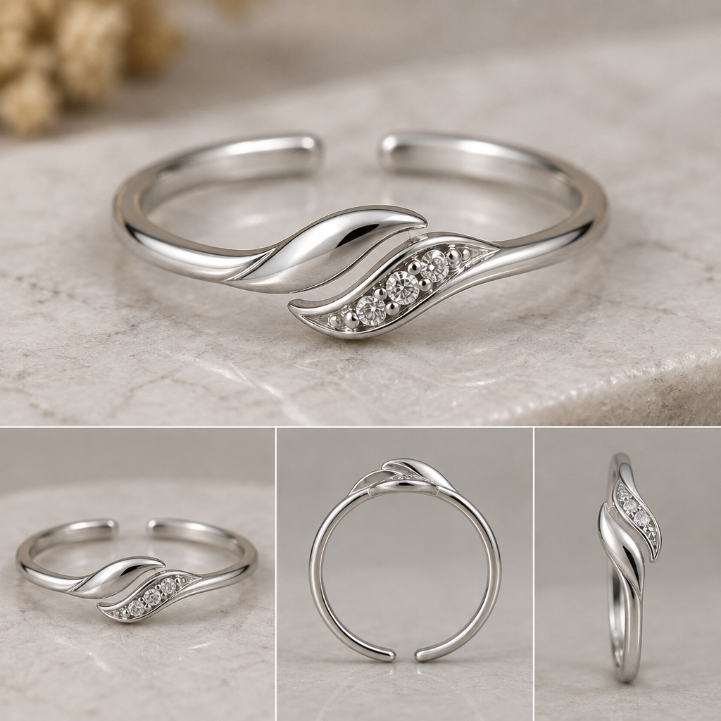 A women's ring. Design a 1.5-gram 92.5 Sterling Silver ring with an internal diameter of 22.2 mm minus an 8 mm open-ended adjustment gap.
Measurements are given below:
RING RAIL with
Target Weight ~1.12 grams,
Volume allowance ~108.7 mm³,
Real world physical dimensions,
Width: 1.5 mm Thickness: 1.15 mm Length: 61.74 mm.
TOP MOTIF with
Target weight: ~0.38 grams
Volume allowance: ~36.2 mm³
Physical Dimensions (Real-World) : Width Max 4.0 mm, Thickness: Tapering from 1.5 mm down to 1.15 mm, Length: ~8.0 mm (along the finger arch)
photorealistic jewelry design, A women's ring. Design a 1.5-gram 92.5 Sterling Silver ring with an internal diameter of 22.2 mm minus an 8 mm open-ended adjustment gap.
Measurements are given below:
RING RAIL with
Target Weight ~1.12 grams,
Volume allowance ~108.7 mm³,
Real world physical dimensions,
Width: 1.5 mm Thickness: 1.15 mm Length: 61.74 mm.
TOP MOTIF with
Target weight: ~0.38 grams
Volume allowance: ~36.2 mm³
Physical Dimensions (Real-World) : Width Max 4.0 mm, Thickness: Tapering from 1.5 mm down to 1.15 mm, Length: ~8.0 mm (along the finger arch), modern style, just the design no text