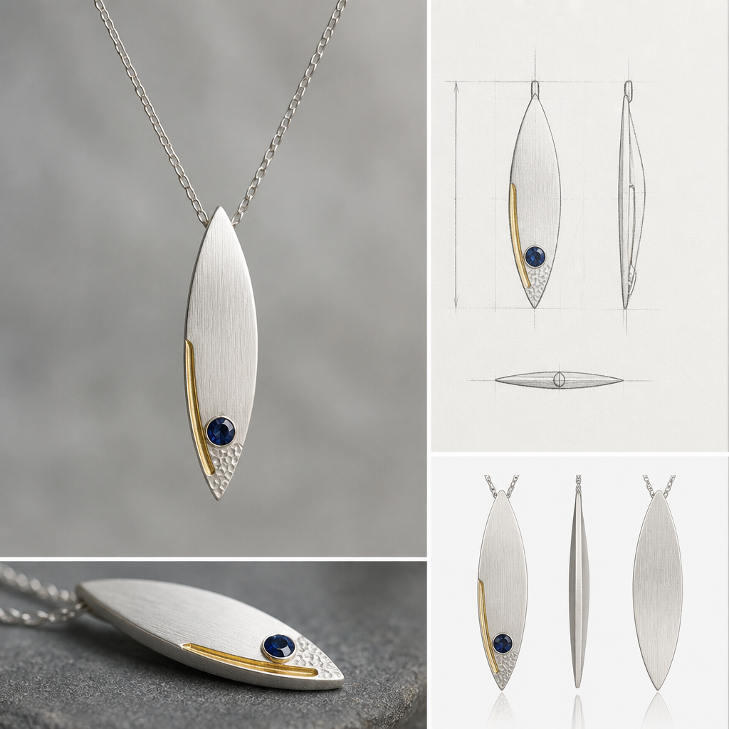 A nordic women's pendant made of silver with sapphire stones, minimalist, simple and delicate, clean lines. "photorealistic jewelry design, A scandinavian women's pendant made of silver suitable for daily wear, minimalist. simple and delicate, clean lines. simplistic form minimalist brushed silver finish with an accent of gold and a very small section of hammered surface, scandinavian style, with design scketchs and mesurments
photorealistic jewelry design, A nordic women's pendant made of silver with sapphire stones, minimalist, simple and delicate, clean lines. "photorealistic jewelry design, A scandinavian women's pendant made of silver suitable for daily wear, minimalist. simple and delicate, clean lines. simplistic form minimalist brushed silver finish with an accent of gold and a very small section of hammered surface, scandinavian style, with design scketchs and mesurments, nordic style, just the design no text