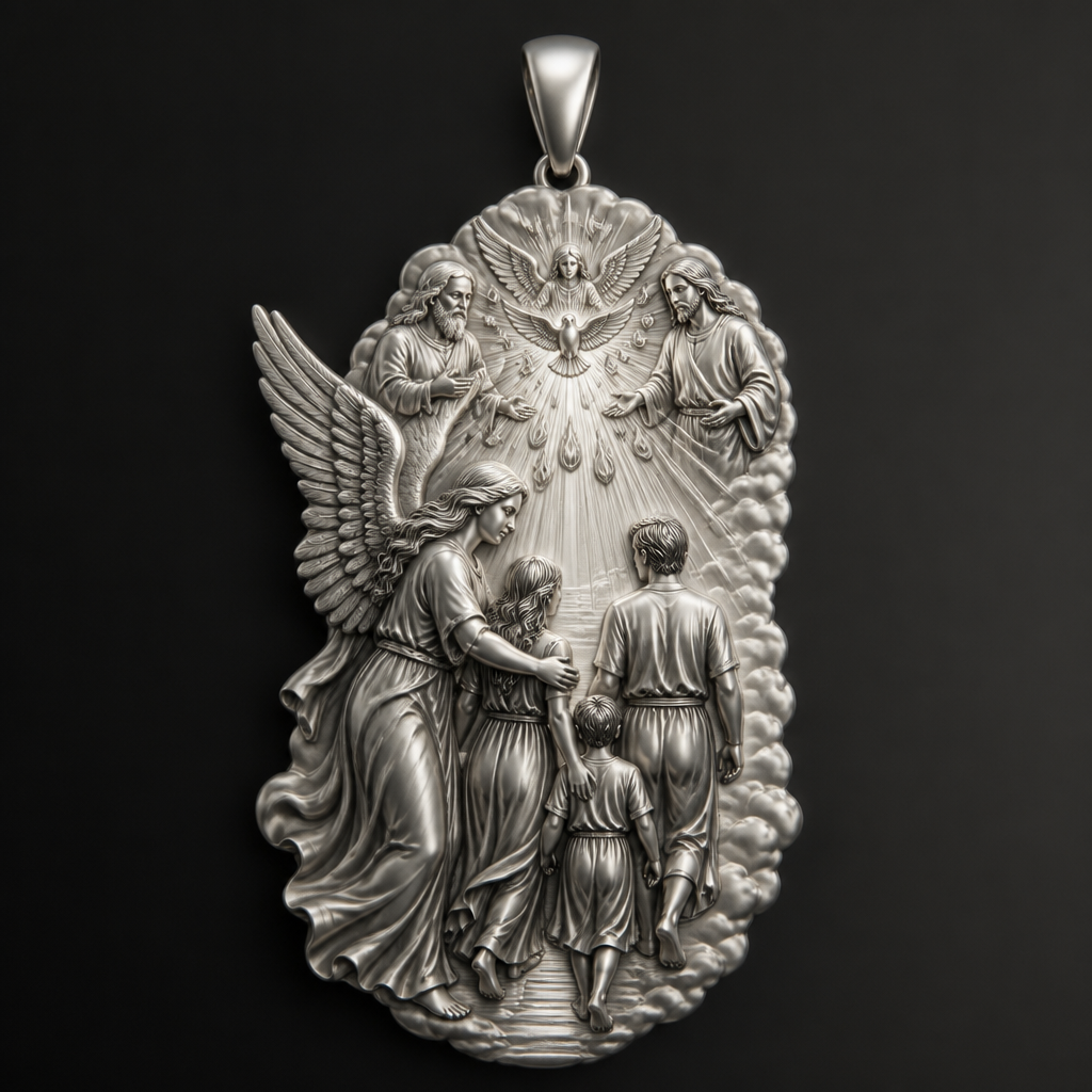 A modern women's pendant made of silver suitable for festival. An extraordinary excellent beautiful delicate and elegant pendant with the Guardian Angel with a beautiful delicate and elegant face, with long hair, with big wings flying, with a beautiful delicate elegant and with beautiful curves at her body, with a beautiful delicate and elegant tunic holding a child and an adult with its hands protecting them and guiding them on the way of the Holy Trinity. Sawing the way of the Holy Trinity in front of them God the Father, God the Son and God the Holy Spirit, the Holy Spirit to be as an Angel with a dove under the Angel surrounded by tongues of fire radiating light to the persons and the Guardian Angel, without the surrounding metals of the pendant. All the persons and the surrounding area to be 3D like statues. With less metal of the pendant and more accurate persons and only the persons and the clouds and the rayes of light. Less metal at the pendant and more 3D persons to be seen all the persons 3D. The persons to be sawn going straight on the way to the Holy Trinity. Part of the face of the persons to be seen.
