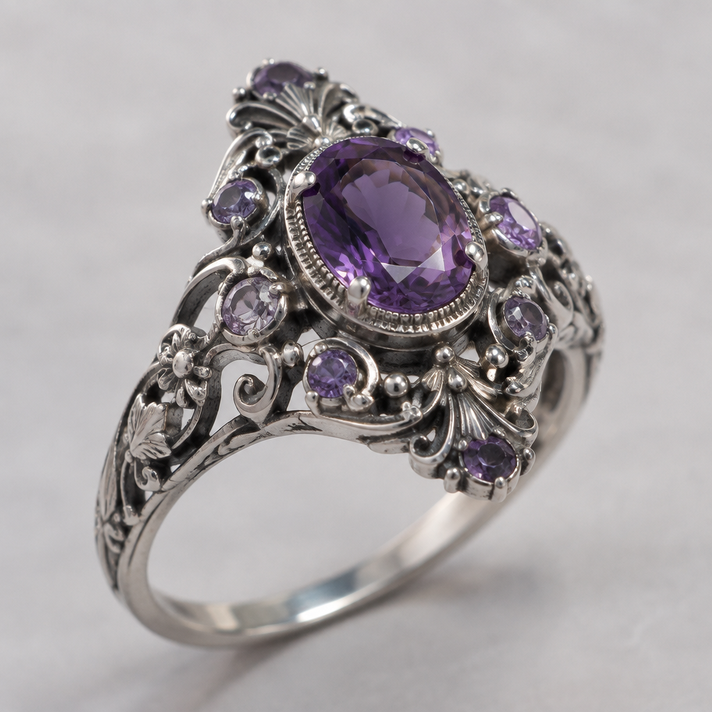 A victorian women's ring made of silver with amethyst stones
photorealistic jewelry design, A victorian women's ring made of silver with amethyst stones, victorian style, just the design no text