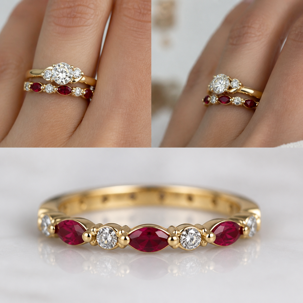 A women's ring made of gold with ruby and diamond stones. i want something to go with a ring i already own (the pictures are my personal ring)
ruby and diamond band ring