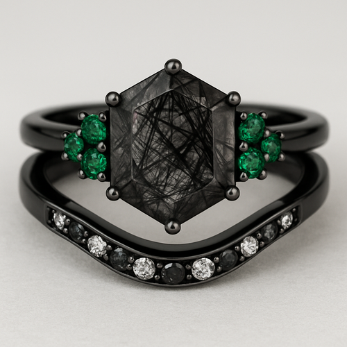 Black band, medium long hexagon cut rutilated black quartz, emerald accent stones 3 on each side in a cluster, add a wedding band that curves with black and white stones