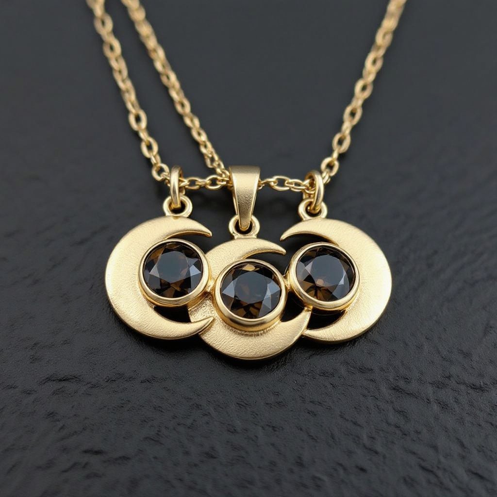  Подвеска из трех полумесяцев с узорами и камнями раухтопаза из матового неровного светлого золота с узорами соединенных цепочкой сверху самый широкий полукруг дальше средний и снизу самый маленький