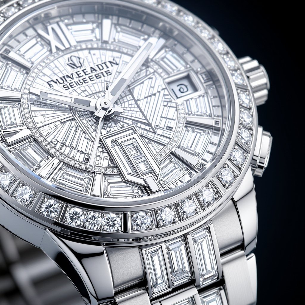 Create a watch of geomatric  shapes and architectural structures and bold edge style of white diamond  without name