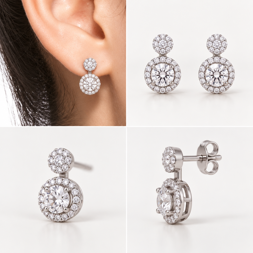 A women's earrings, minimalist, simple and delicate, clean lines. แก้ไขเฉพาะส่วนของต่างหูชิ้นล่างที่อยู่ภายในวงกลมสีแดงในภาพต้นฉบับ โดยปรับรูปแบบการประดับเพชรให้เป็น เพชรเม็ดเดี่ยวล้อม 1 ชุด (Single Center Stone with One Halo) โดยมีเพชรเม็ดกลาง 1 เม็ด และมีเพชรเม็ดเล็กเรียงล้อมรอบเพชรเม็ดกลางเพียง 1 ชั้นอย่างสมมาตร ให้มีรูปทรงและสัดส่วนสวยงาม ดูหรูหราและสามารถผลิตเป็นเครื่องประดับจริงได้, 4view
using the attached image as a visual reference, create A women's earrings, minimalist, simple and delicate, clean lines. แก้ไขเฉพาะส่วนของต่างหูชิ้นล่างที่อยู่ภายในวงกลมสีแดงในภาพต้นฉบับ โดยปรับรูปแบบการประดับเพชรให้เป็น เพชรเม็ดเดี่ยวล้อม 1 ชุด (Single Center Stone with One Halo) โดยมีเพชรเม็ดกลาง 1 เม็ด และมีเพชรเม็ดเล็กเรียงล้อมรอบเพชรเม็ดกลางเพียง 1 ชั้นอย่างสมมาตร ให้มีรูปทรงและสัดส่วนสวยงาม ดูหรูหราและสามารถผลิตเป็นเครื่องประดับจริงได้, 4view. photorealistic, just the design no text