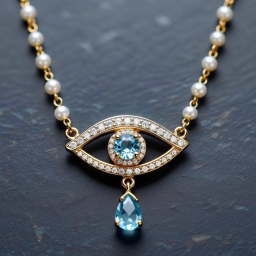 Тонкая цепочка с золотыми и серебряными шариками и мелкими жемчужными камушками на цепочке есть кулон в форме глаза, зрачок глаза из аквамарина от глаза идет маленькая подвеска с маленькими камушками аквамарина 