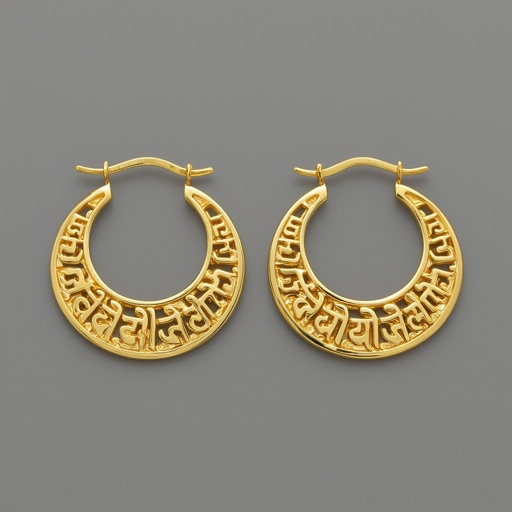 Серьги золотые в форме полукруга, полукруг как продолжение застежки, на полукруге надписи мантрами на санскрите