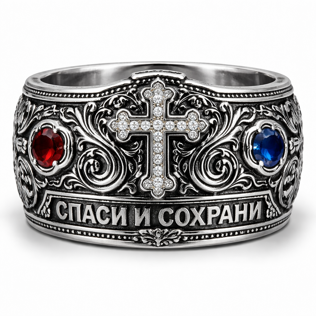 Wide silver ring in traditional Russian Orthodox style, oxidized silver with blackened engravings. In the center a raised Eastern Orthodox cross set with small clear gemstones. On both sides red garnet and blue sapphire stones in round bezels. Engraved inscription “Save and Protect” on the front. Intricate floral filigree and ornamental scrollwork. Highly detailed metal texture, realistic silver reflections, jewelry macro photography, studio lighting, white background, ultra realistic, 4k, sharp focus, luxury handcrafted ring, detailed engraving, symmetrical design.