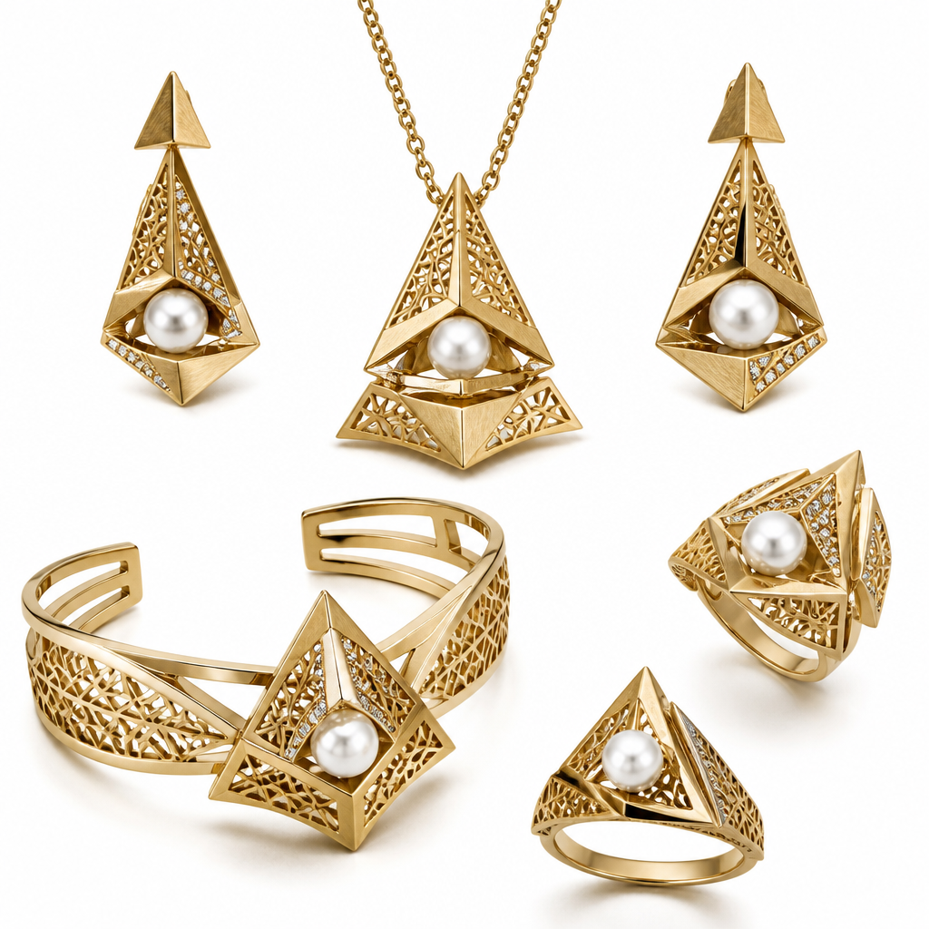Create an exclusive haute joaillerie 21K yellow gold jewelry collection inspired by the majestic pyramids of Giza and contemporary Arabic architecture. The design should embrace minimalism with bold triangular geometry, clean lines, layered pyramid silhouettes, and delicate Islamic geometric motifs engraved into the gold. Natural white pearls float gracefully within the geometric framework, creating a striking contrast between softness and structure. Elegant proportions, luxurious craftsmanship, modern Middle Eastern aesthetic, premium high jewelry, polished yellow gold, subtle matte textures, architectural elegance, timeless luxury, editorial jewelry photography, ultra-realistic, cinematic lighting, white seamless background, 8K.
photorealistic jewelry design, Create an exclusive haute joaillerie 21K yellow gold jewelry collection inspired by the majestic pyramids of Giza and contemporary Arabic architecture. The design should embrace minimalism with bold triangular geometry, clean lines, layered pyramid silhouettes, and delicate Islamic geometric motifs engraved into the gold. Natural white pearls float gracefully within the geometric framework, creating a striking contrast between softness and structure. Elegant proportions, luxurious craftsmanship, modern Middle Eastern aesthetic, premium high jewelry, polished yellow gold, subtle matte textures, architectural elegance, timeless luxury, editorial jewelry photography, ultra-realistic, cinematic lighting, white seamless background, 8K., mediterranean style, just the design no text