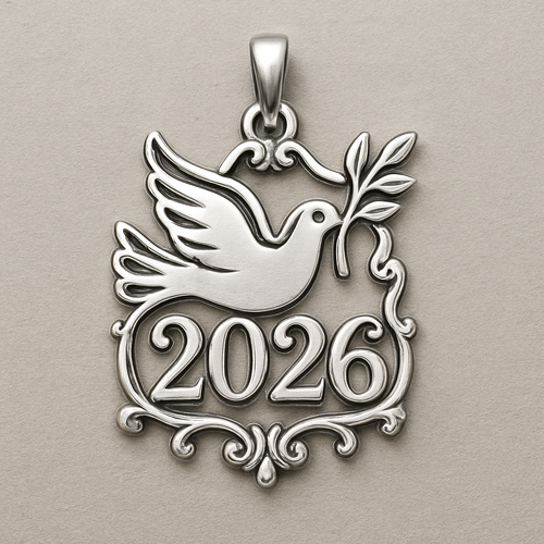 Silver minimal cut-out abstract charm blending together the pigeon of peace hold an olive branch along the year 2026