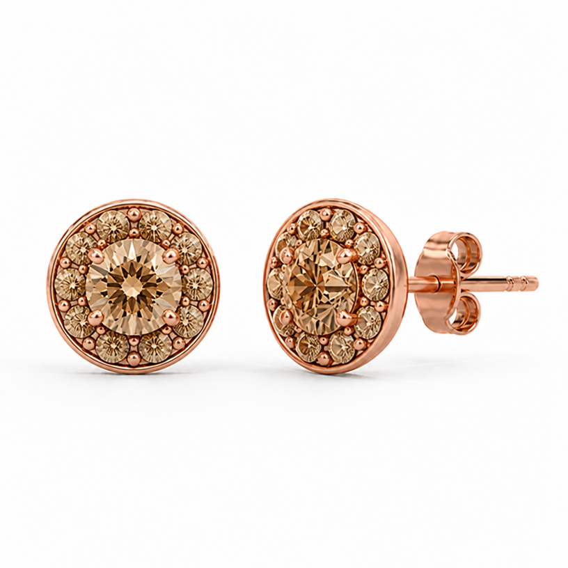 Center stone 3.2 mm champagne color diamond, pave around 6 1 mm diamonds of the same color, rose gold
edit the attached jewelry design with these instructions: Center stone 3.2 mm champagne color diamond, pave around 6 1 mm diamonds of the same color, rose gold. keep it photorealistic, just the design no text