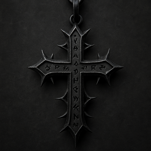 "Design a highly detailed gothic-style cross pendant. The pendant should have a dark, spooky aesthetic, with intricate engravings and ornamental patterns. Include mystical elements such as sharp edges, thorn-like accents, and aged metallic textures. The cross should be adorned with ancient-looking scripples or runes carved into its surface, giving it a mysterious, arcane vibe.