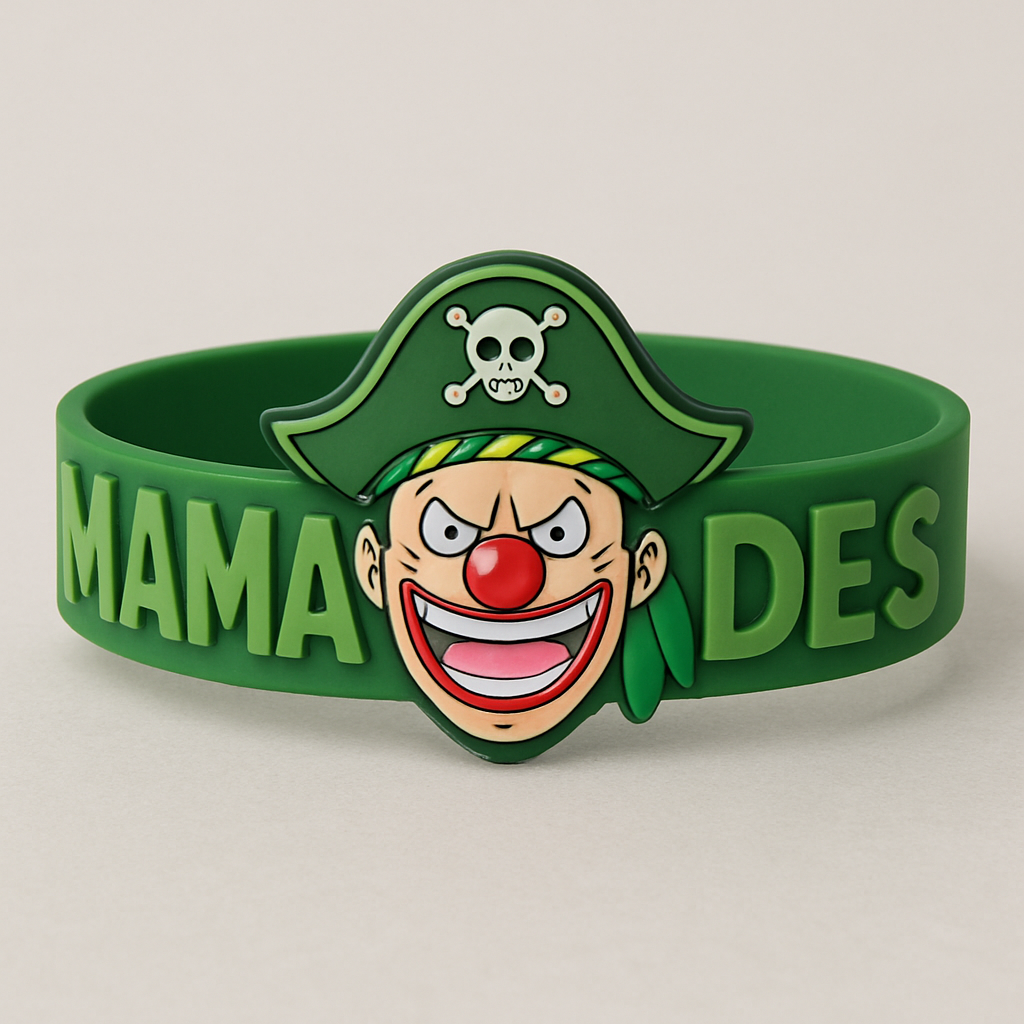 Give me a green bracelet that says “MAMA DES”. Make it have buggy’s face from the anime “ONE PIECE” 
