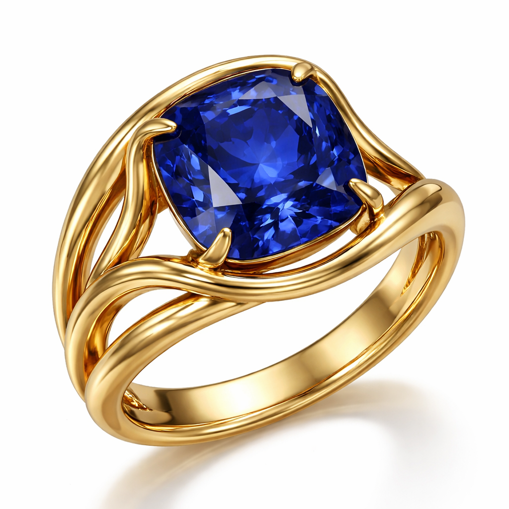 4 carat cushion royal blue sapphire something like contemporary art ring in yellow gold only and with no additional stones