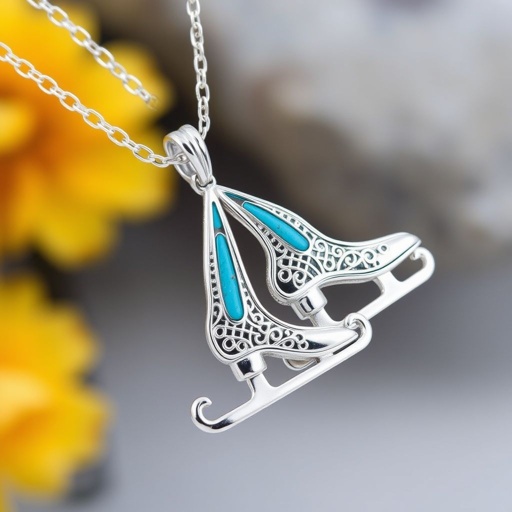 Silver pendant in the shape of turquoise figure skating blades without boots