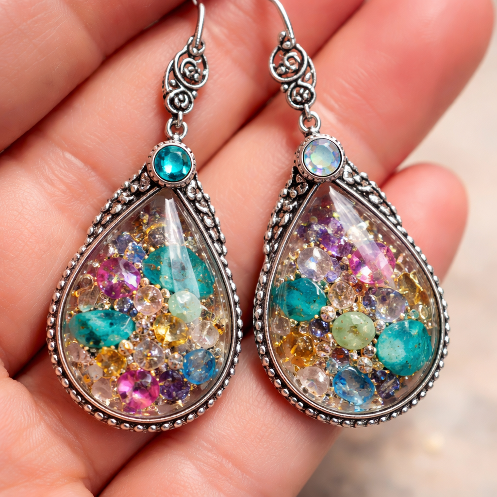 Colourful resin drop earrings in silver with embedded stones or beads