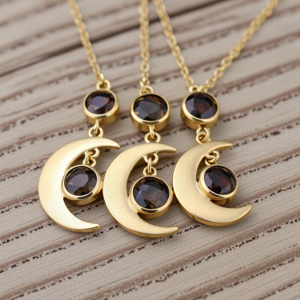  Подвеска из трех полумесяцев с узорами и камнями раухтопаза из матового неровного светлого золота с узорами соединенных цепочкой сверху самый широкий полукруг дальше средний и снизу самый маленький